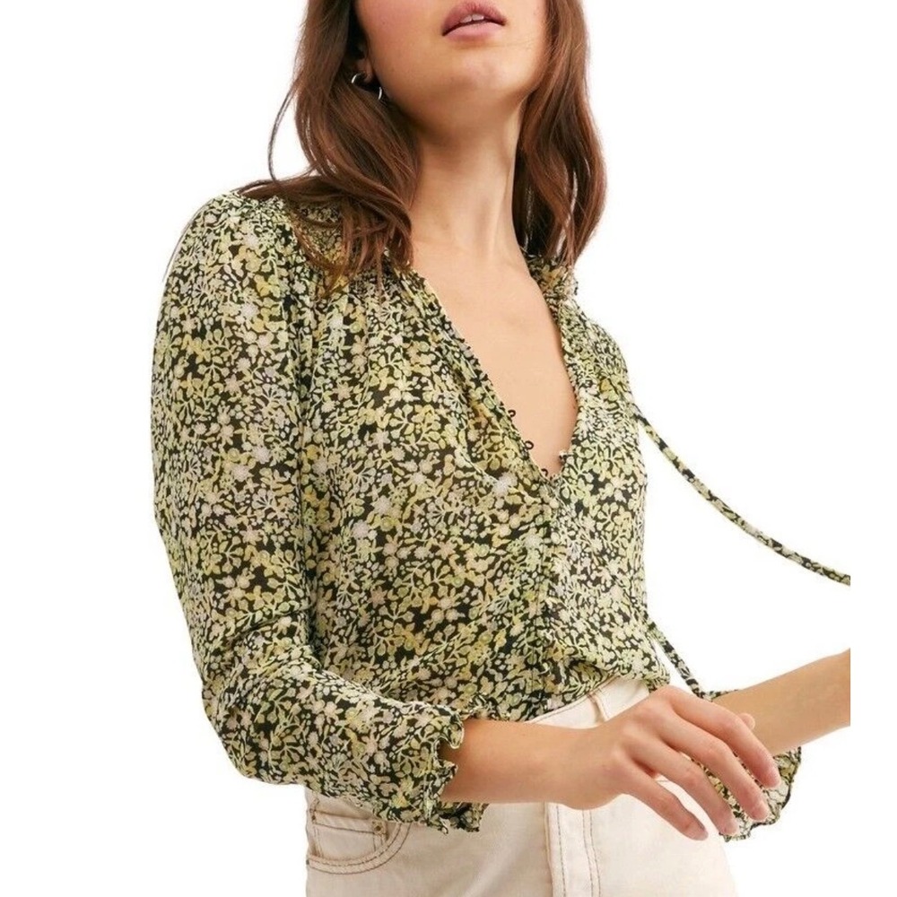 Free People Floral Smocked V-Neck Blouse MEDIUM Yellow Green Boho Sheer Top Lela